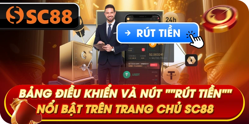 Bảng điều khiển và nút "rút tiền SC88" nổi bật trên trang chủ